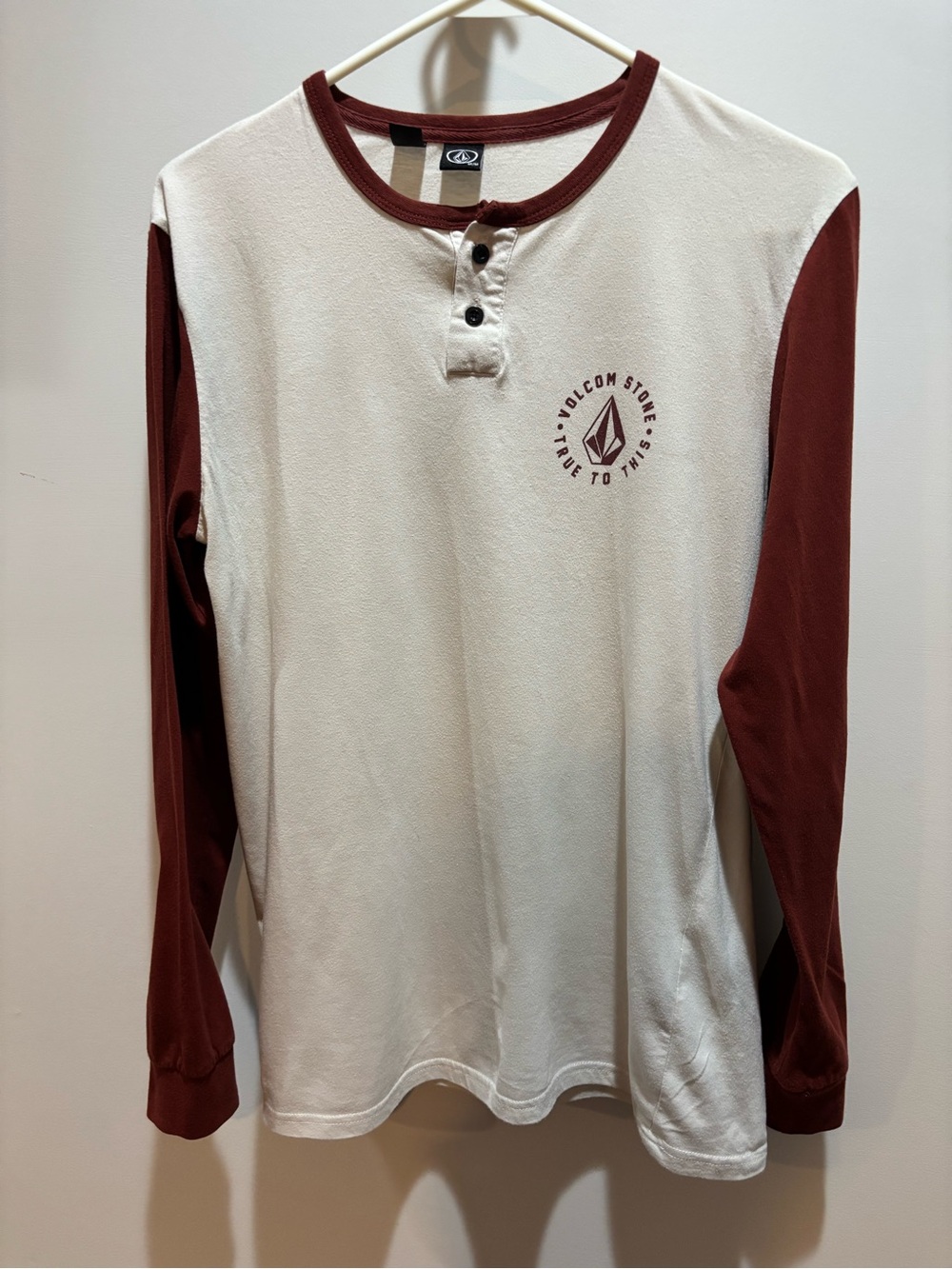 Volcom Cream Long Sleeve Henley with Maroon Sleeves